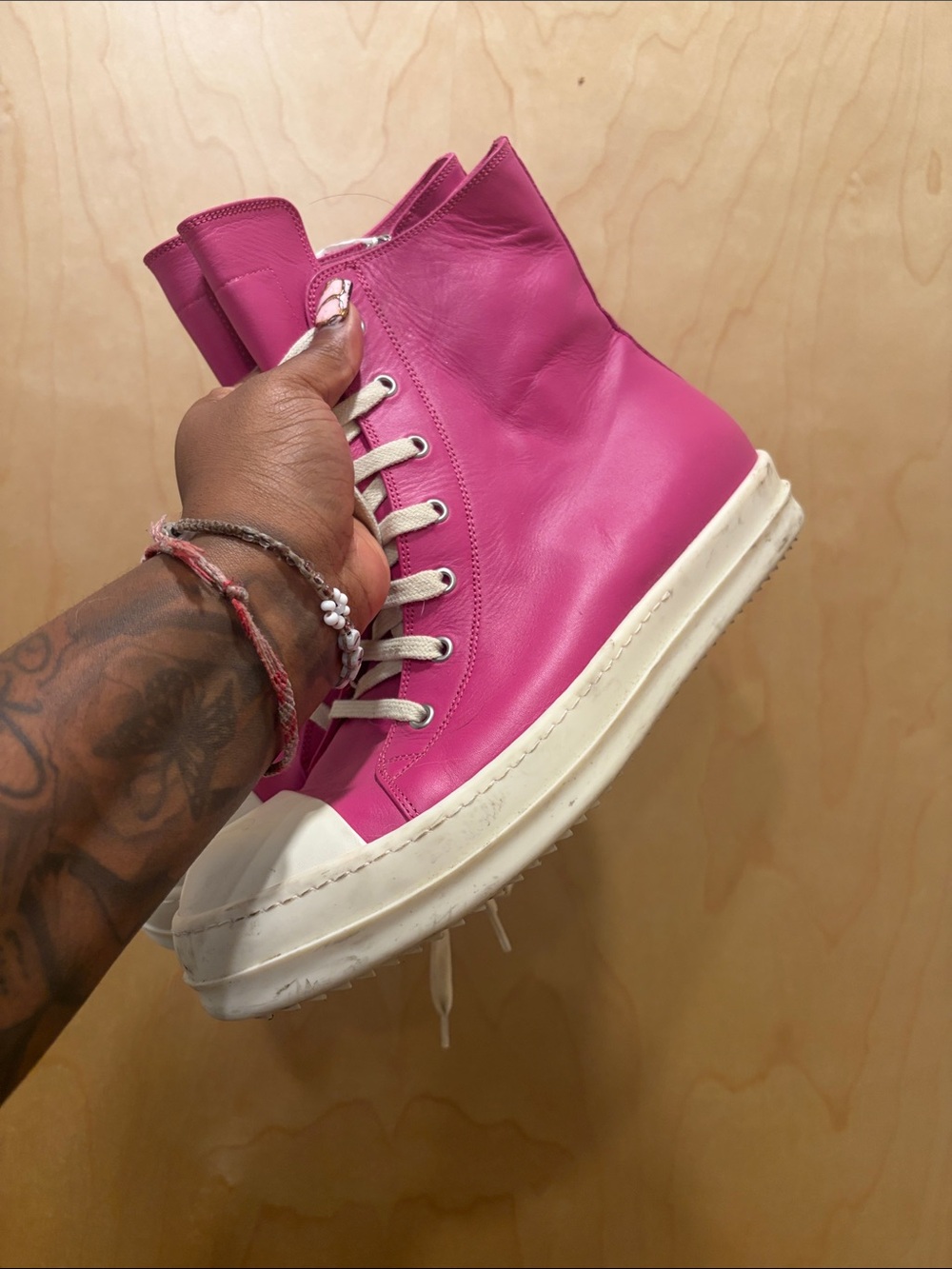 Real authentic Rick Owens Women’s Hot Pink High-Top Leather Sneaker